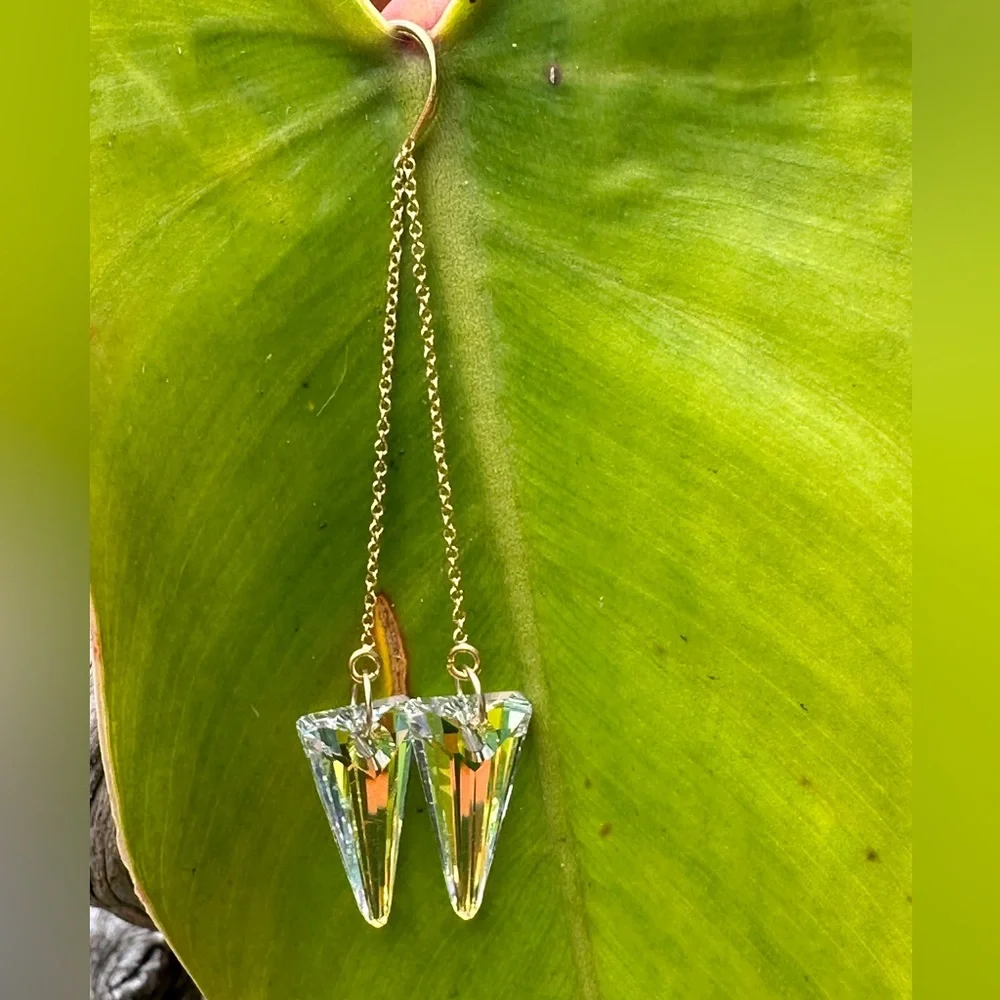 Swarovski Aurora Borealis Spike Crystal Handmade Gold Filled Threader Earrings